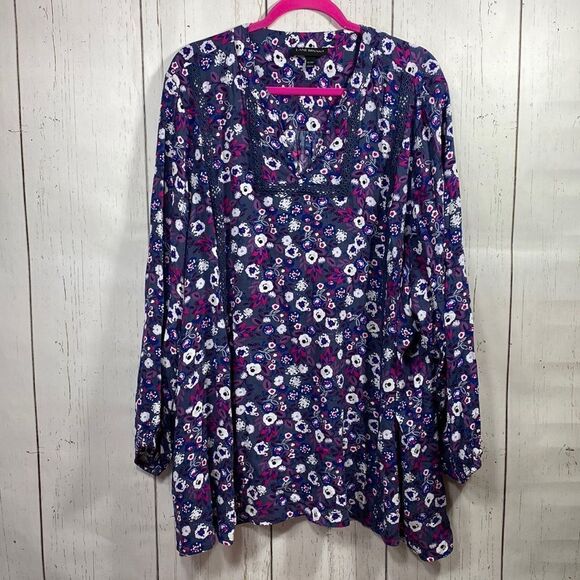 Lane Bryant Womens Floral Boho Peasant Blue Blouse - Picture 2 of 15